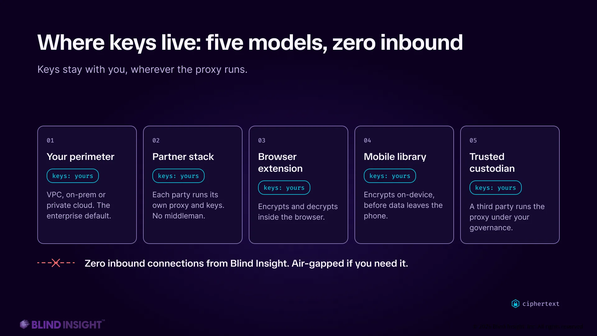 Five cards, each marked keys: yours — your perimeter, partner stack, browser extension, mobile library, trusted custodian. Below them: zero inbound connections from Blind Insight, air-gapped if you need it.