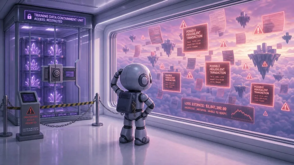 A fraud-detection AI stalled at the data boundary: the system stands before a wall of unverifiable "possible fraudulent transaction" alerts and a mounting multi-million-dollar loss estimate, while the training data it needs sits locked in a restricted-access containment unit behind it.