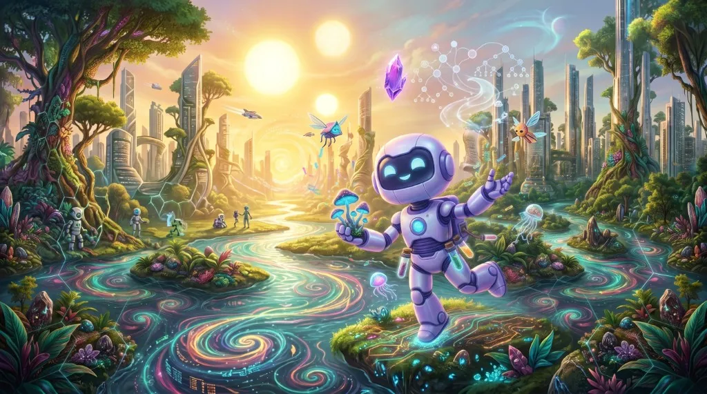 An AI system, shown as a friendly robot, explores freely inside a vibrant metropolis of knowledge and data, learning from streams of information it can finally reach, without the underlying records ever being decrypted.