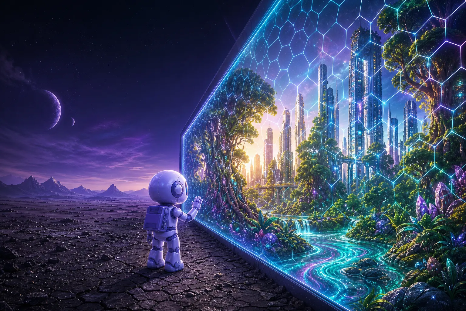 A small robot, representing an AI system, stranded on barren ground and reaching toward a vast luminous hexagonal boundary that seals off a thriving metropolis of data and knowledge.