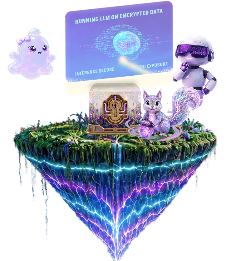 Blind(L)LM scene: a robot, ghost, and squirrel beside a floating island, with a holographic 'Running LLM on encrypted data' panel reading inference secure and zero exposure.