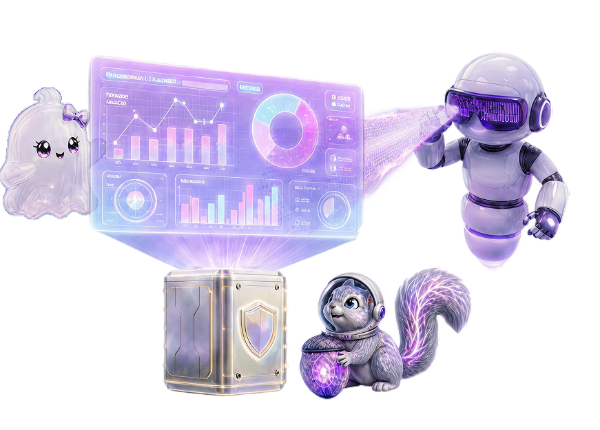 BlindML scene: ghost, robot, and squirrel around a holographic analytics dashboard.